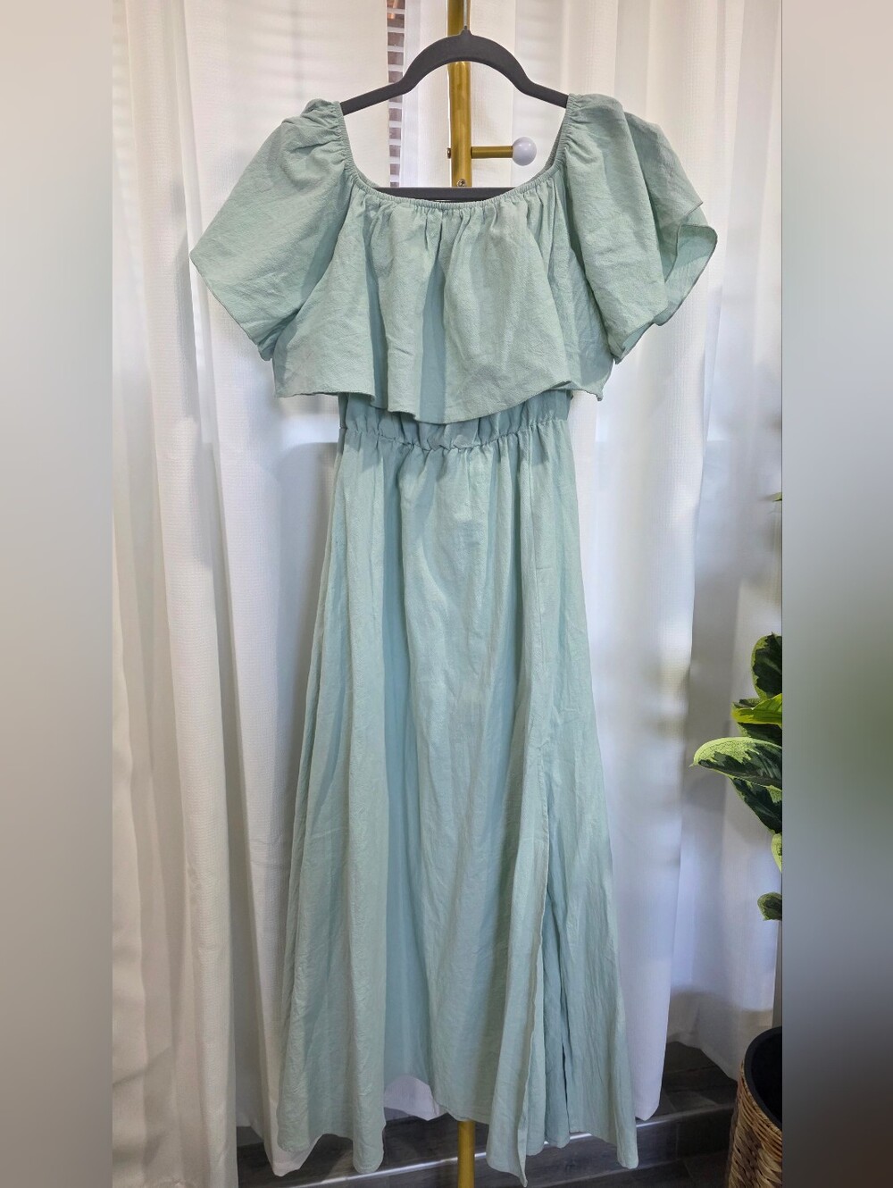 Light Teal/blue Off Shoulder Cotton Midi Dress | Ruffle Sleeve | Size Small